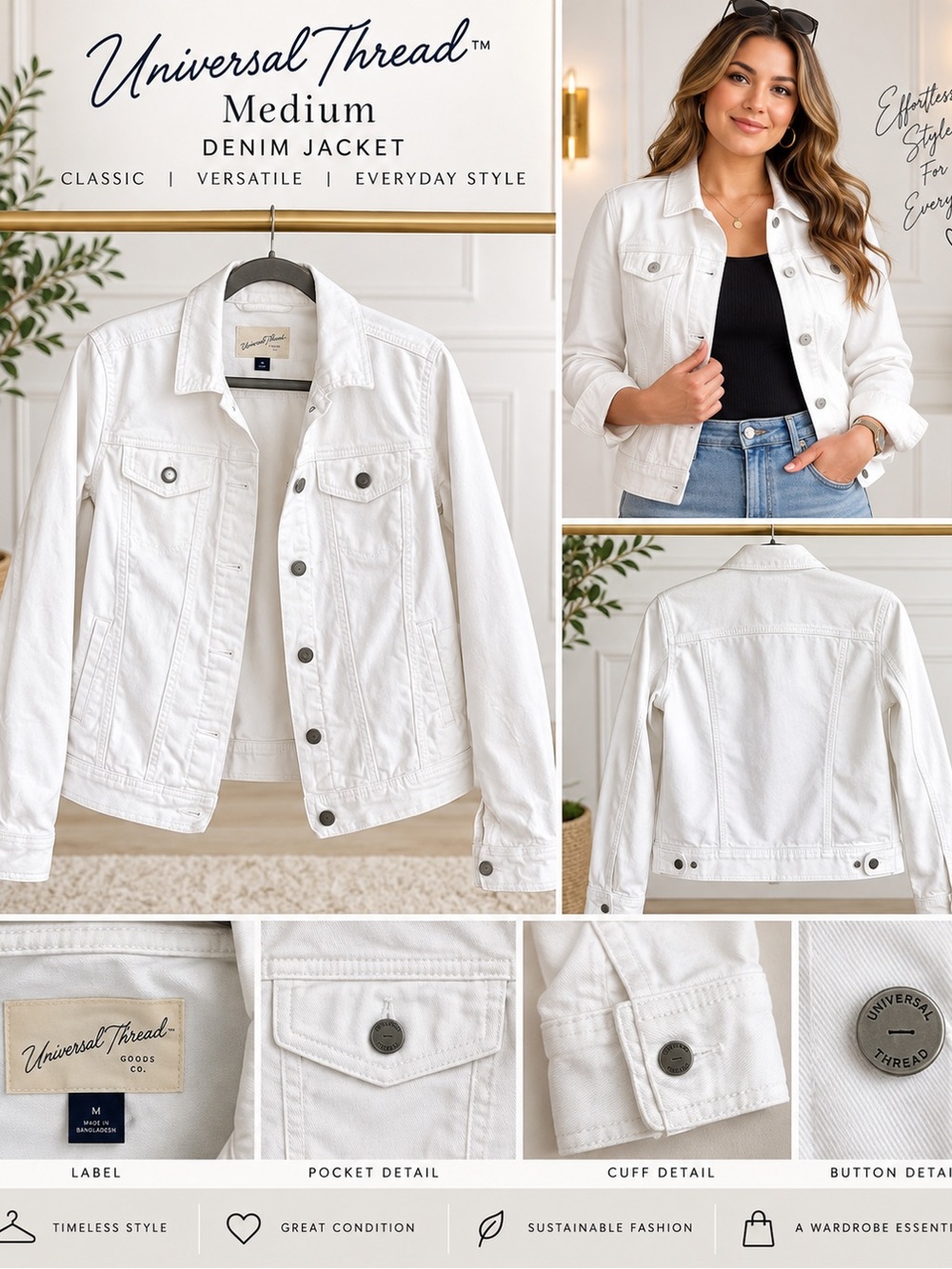 Universal Thread White Denim Jacket - Women's Classic Jean Trucker